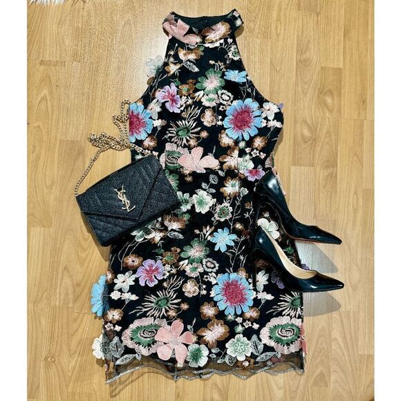 Entra Black Floral Overlay High Neck Sleeveless Dress - Picture 11 of 13